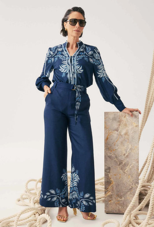 Once Was - Sloane Linen Viscose Wide Leg Pant - Moonlit Batik