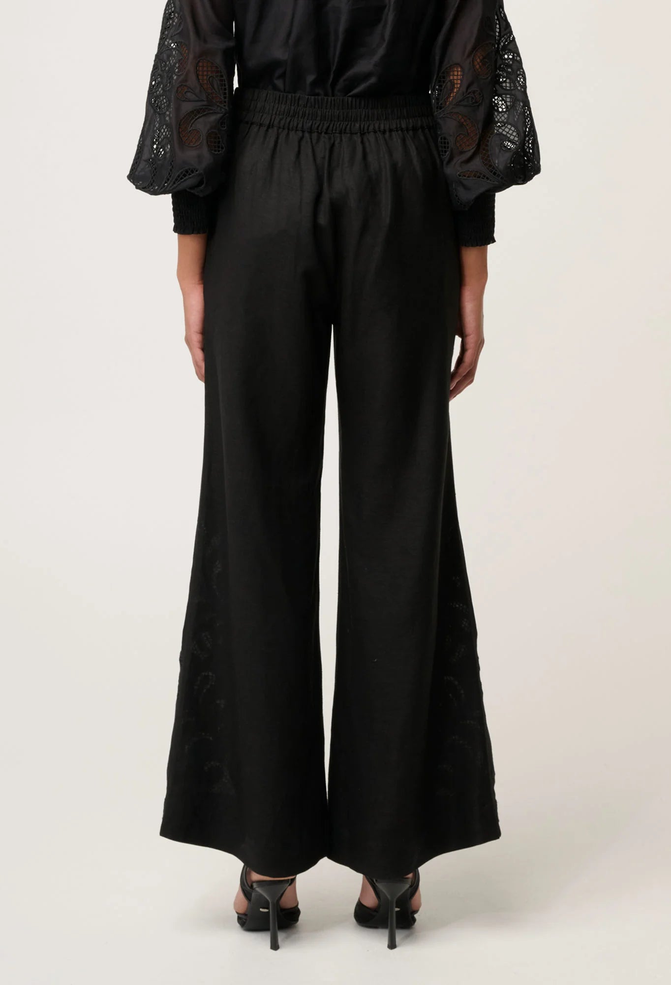 Once Was - Rhea Linen Viscose Embroidered Pant - Black