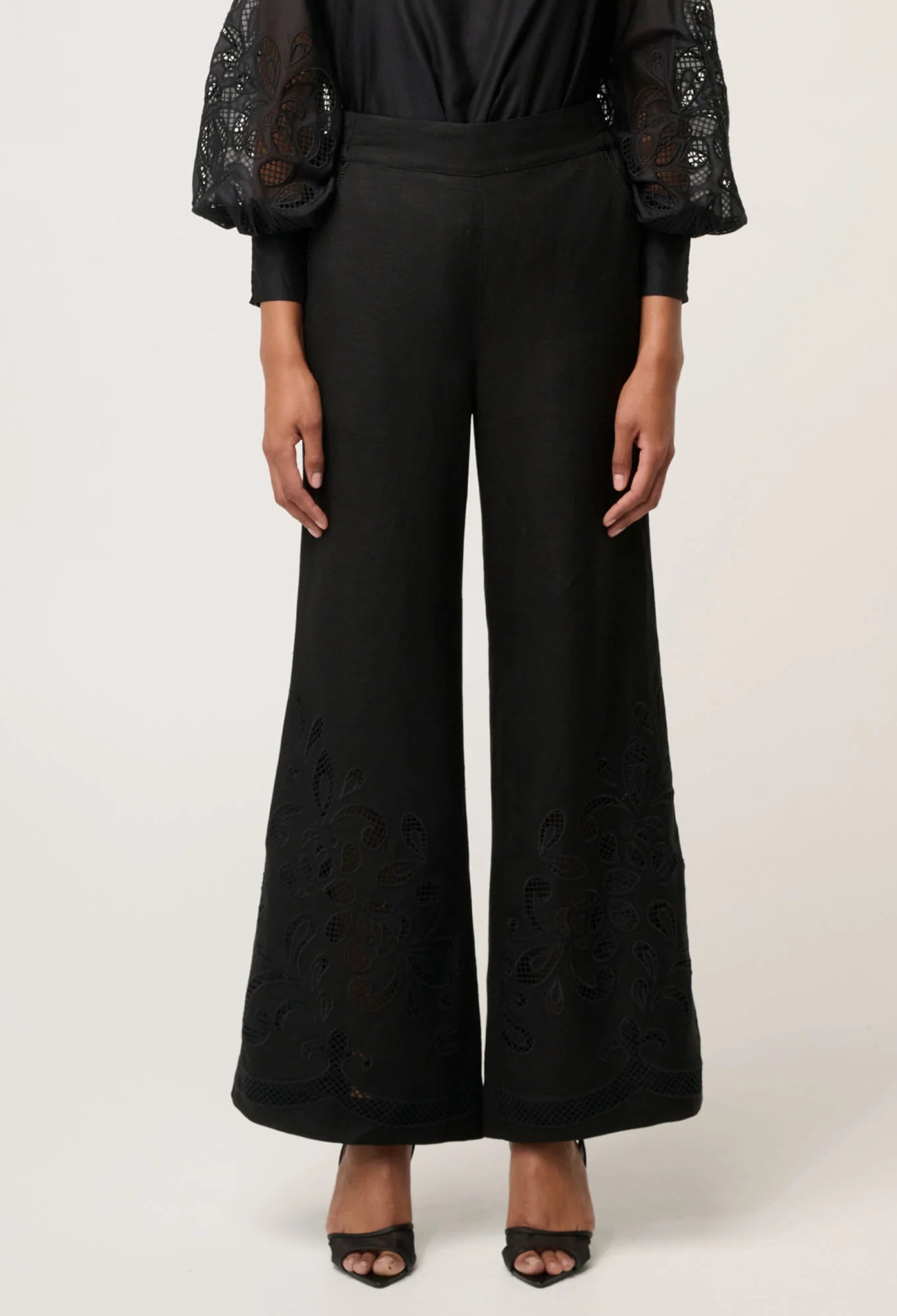 Once Was - Rhea Linen Viscose Embroidered Pant - Black