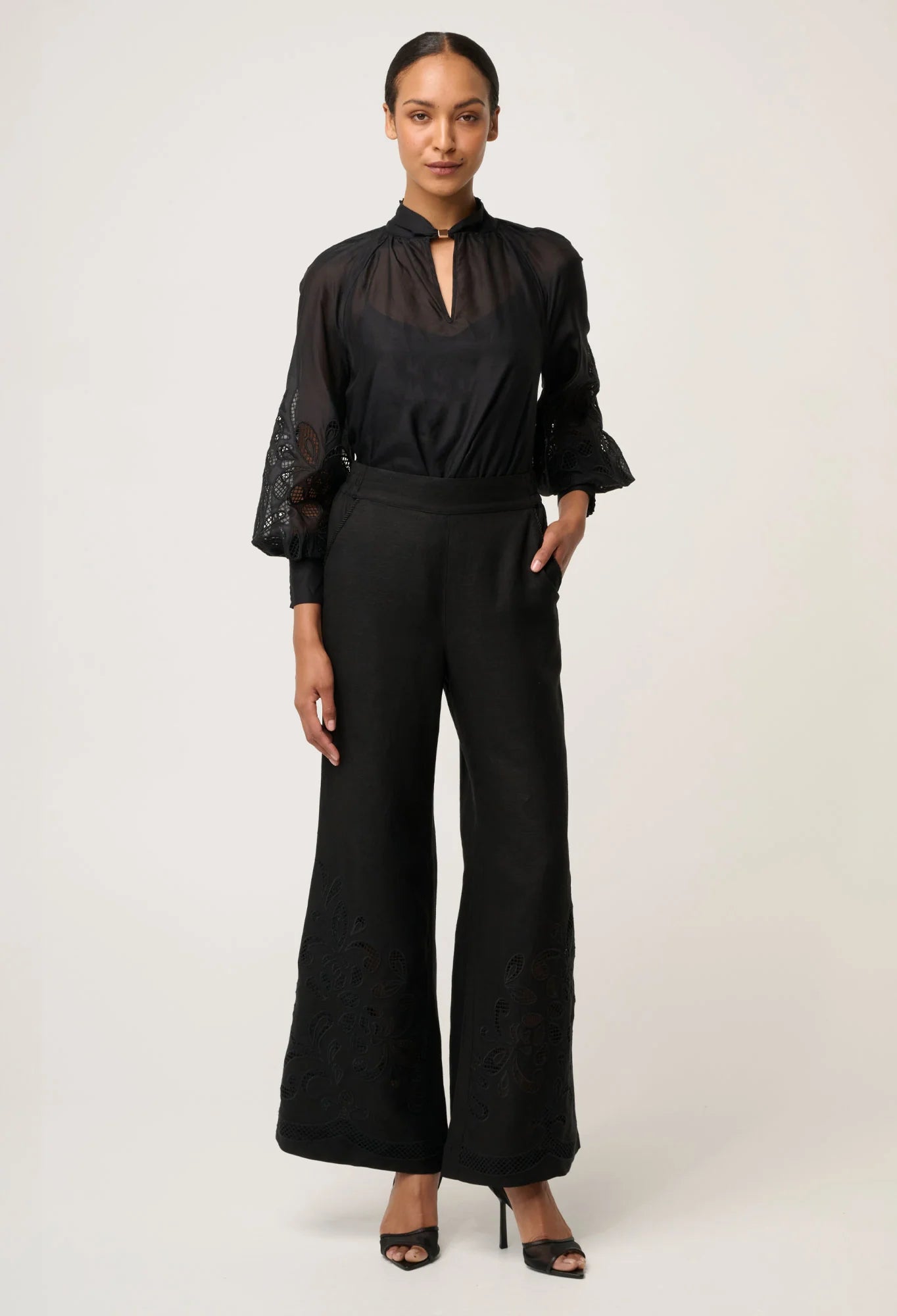 Once Was - Rhea Linen Viscose Embroidered Pant - Black