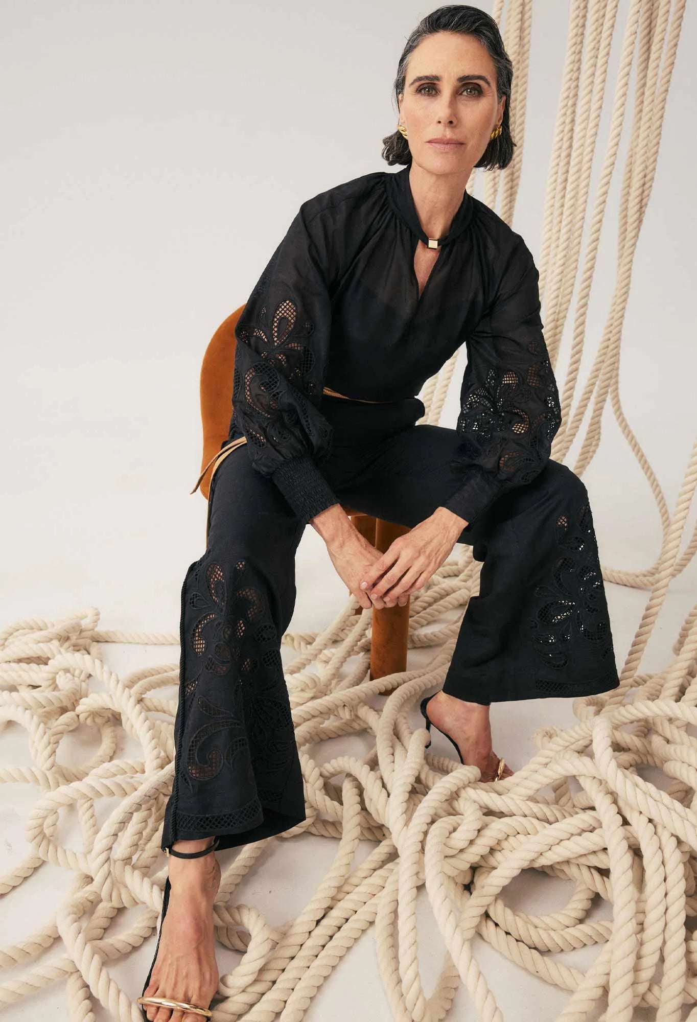 Once Was - Rhea Linen Viscose Embroidered Pant - Black