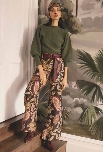 Once Was - Adele Linen Viscose Belted Printed Pant -onc Dark Tropique