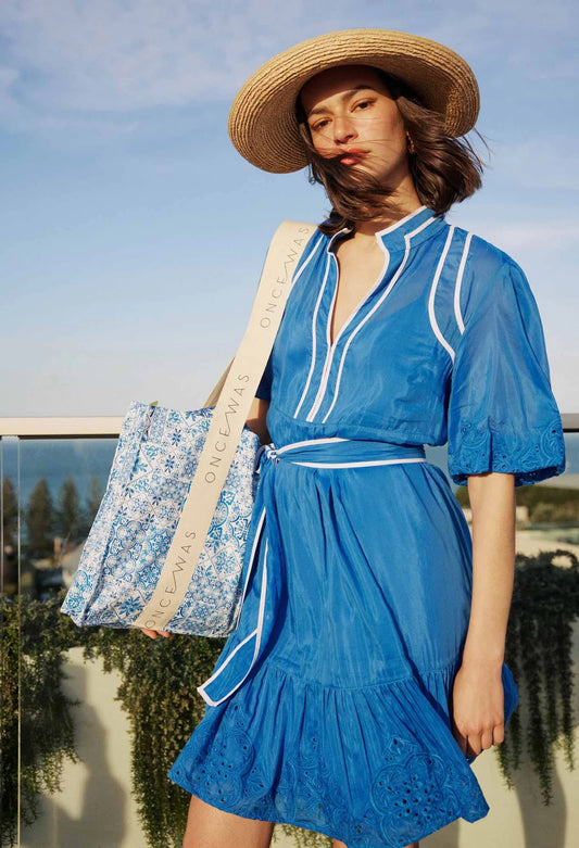 Once Was - Lucia Embroidered Cotton Silk Dress - Azure