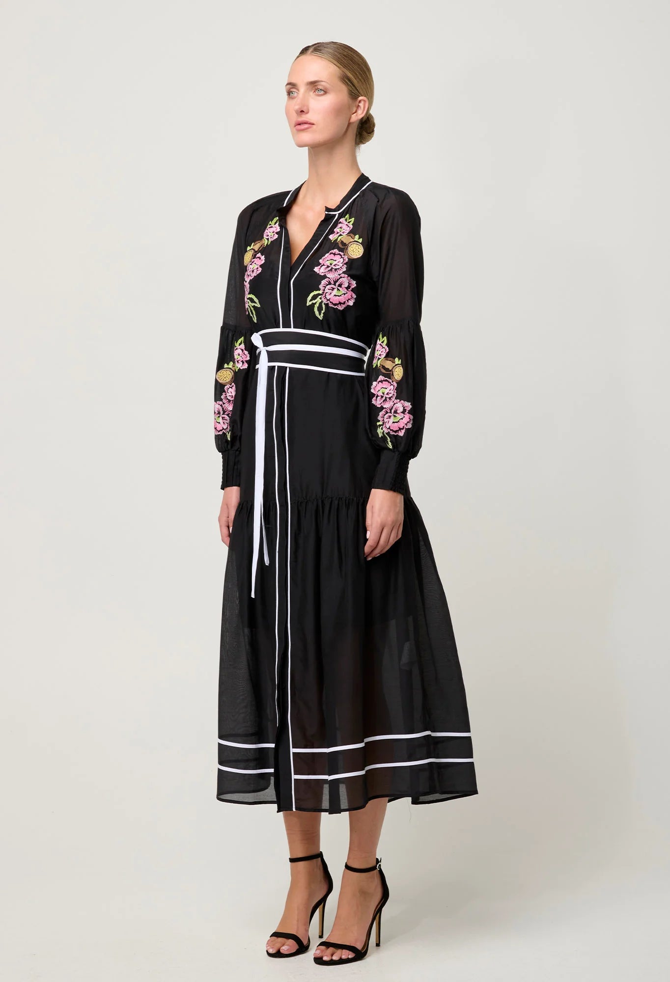 Once Was - Catalina Embroidered Cotton Silk Maxi Dress - Black Flores