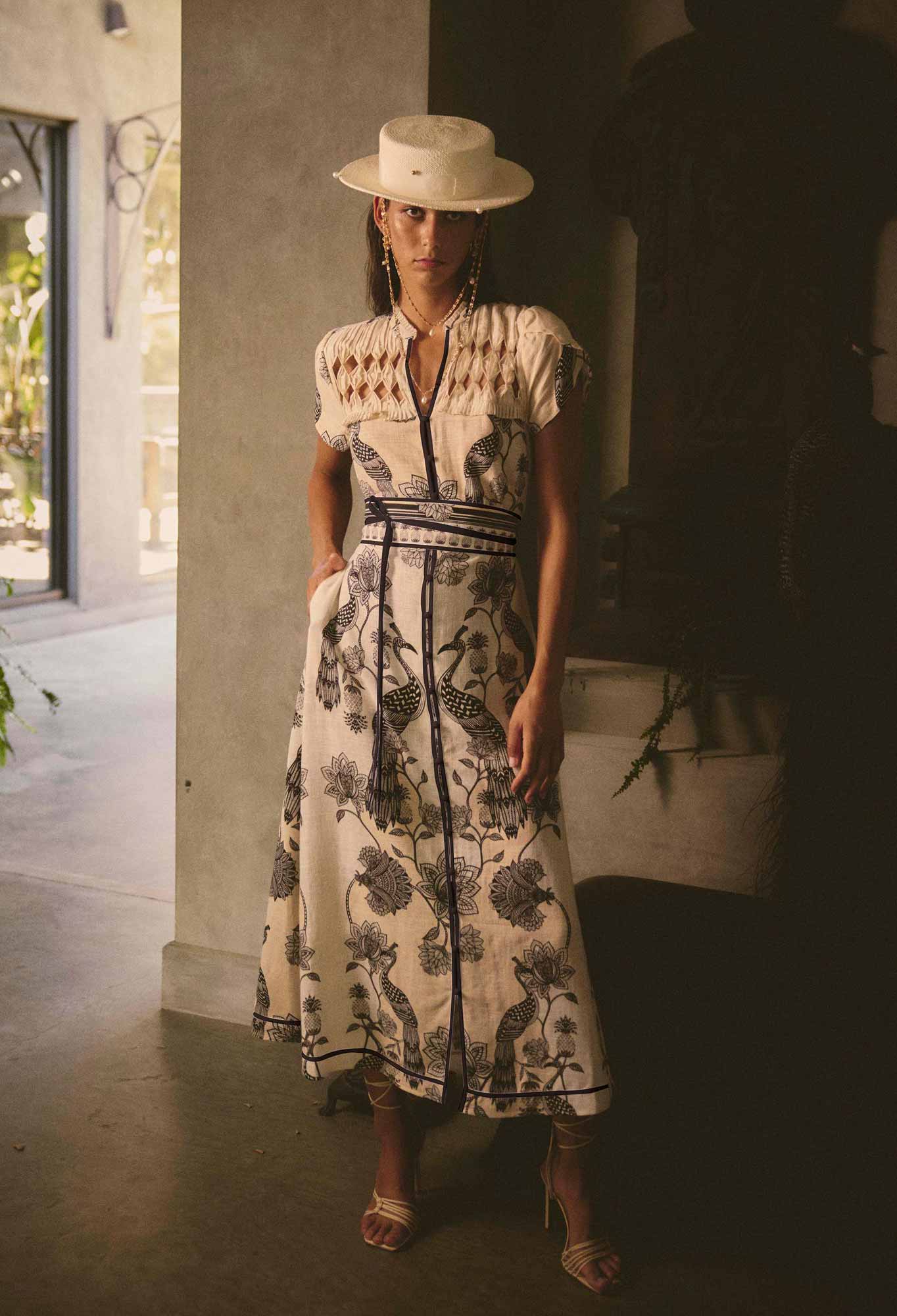 Once Was - Xanthia Diamond Smock Yoke Linen Viscose Dress - Imperial Stone