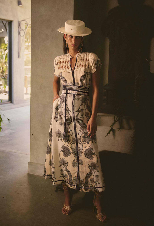 Once Was - Xanthia Diamond Smock Yoke Linen Viscose Dress - Imperial Stone