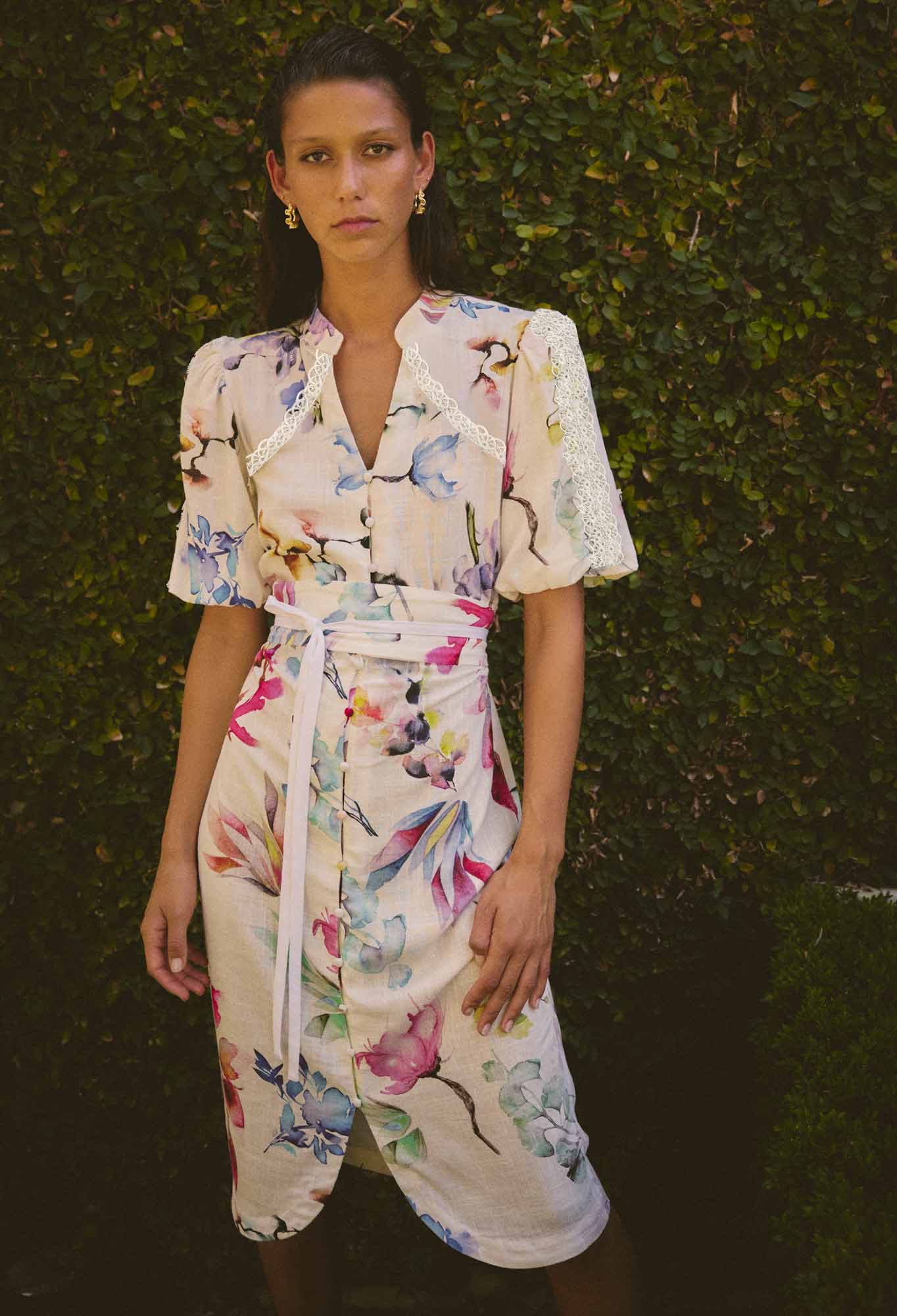 Once Was - Gaia Lace Spliced Linen Viscose Dress - Plume Blossom