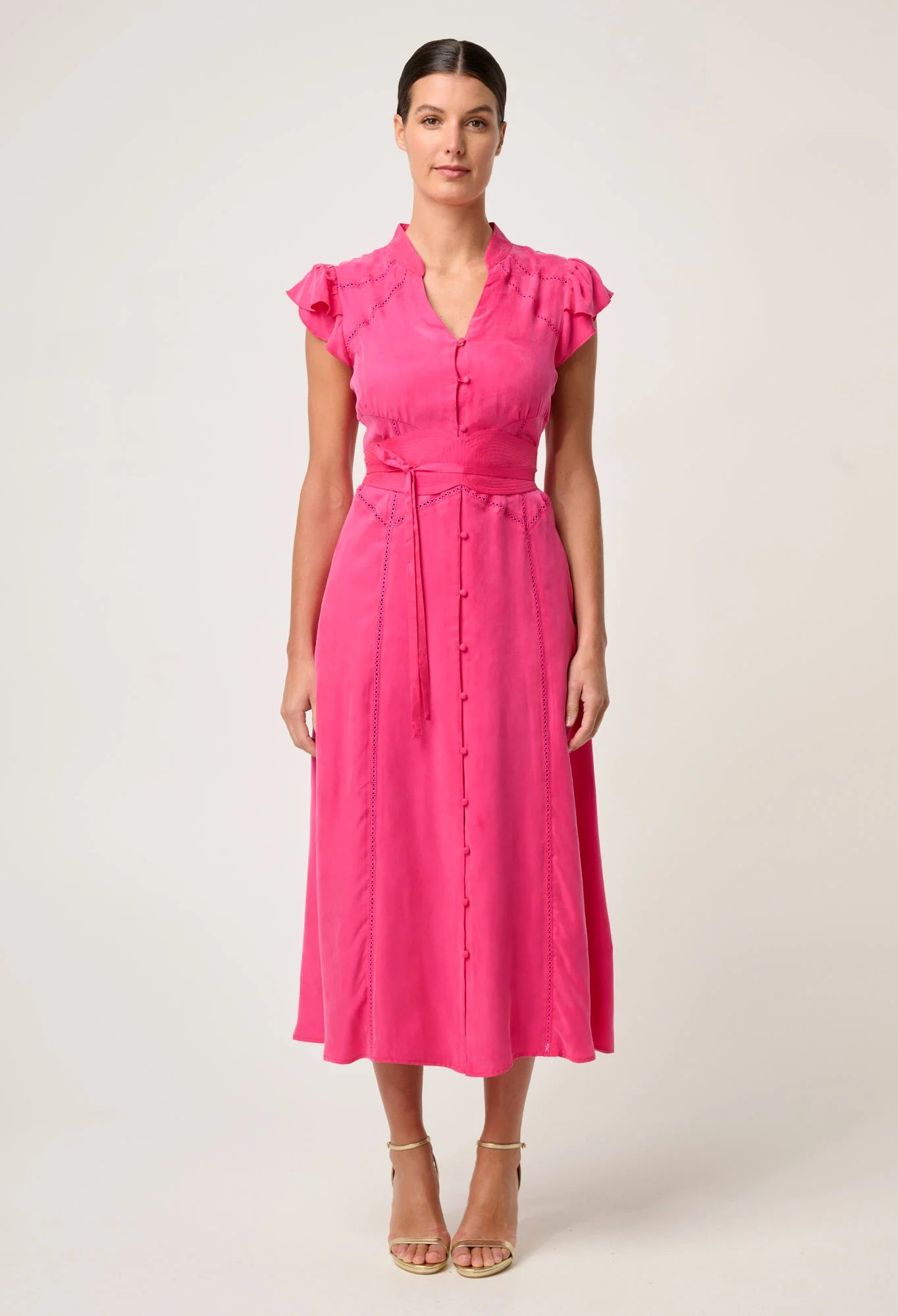 Once Was - Athena Cupro Viscose Flutter Sleeve Dress - Celosia Pink