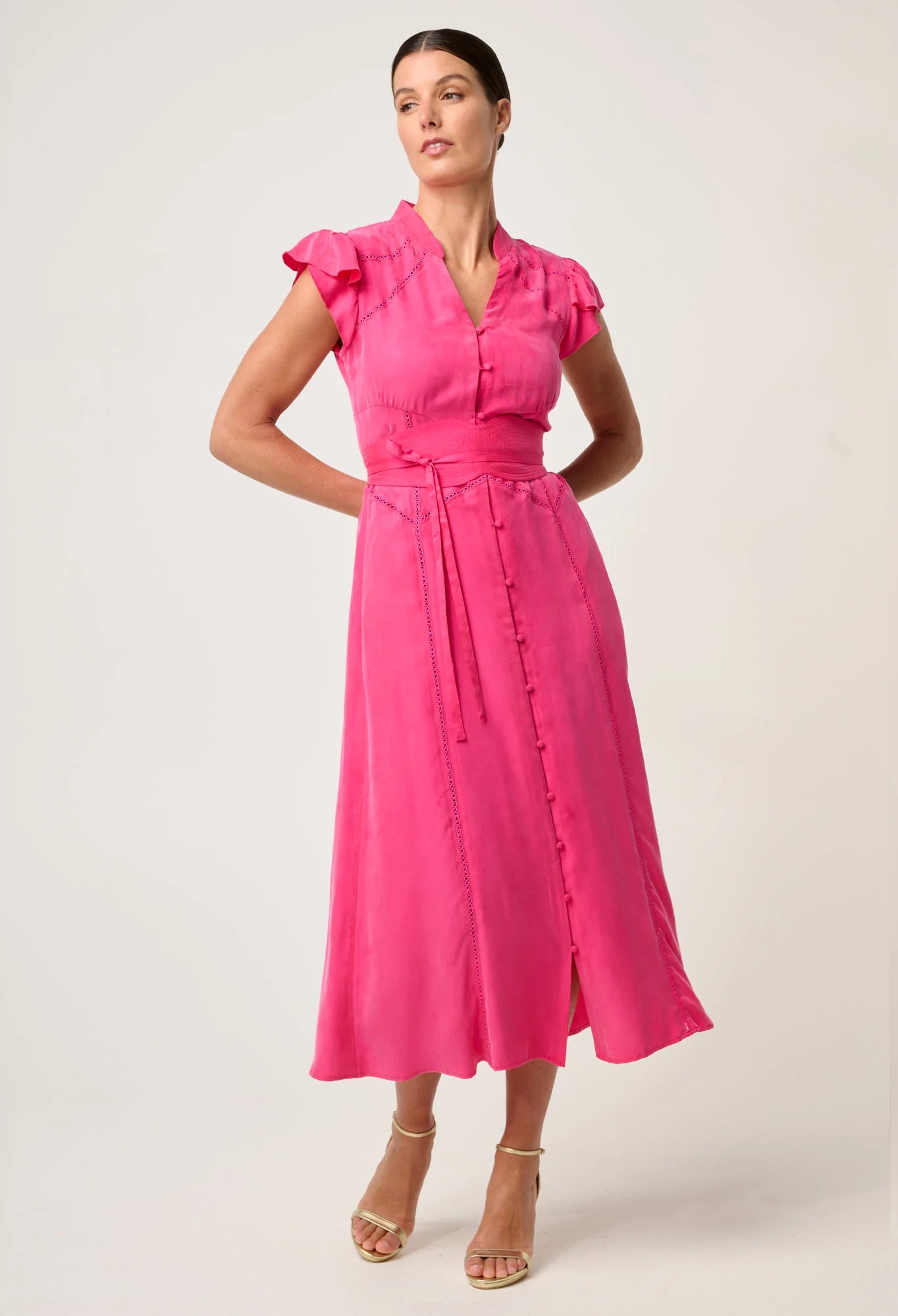 Once Was - Athena Cupro Viscose Flutter Sleeve Dress - Celosia Pink