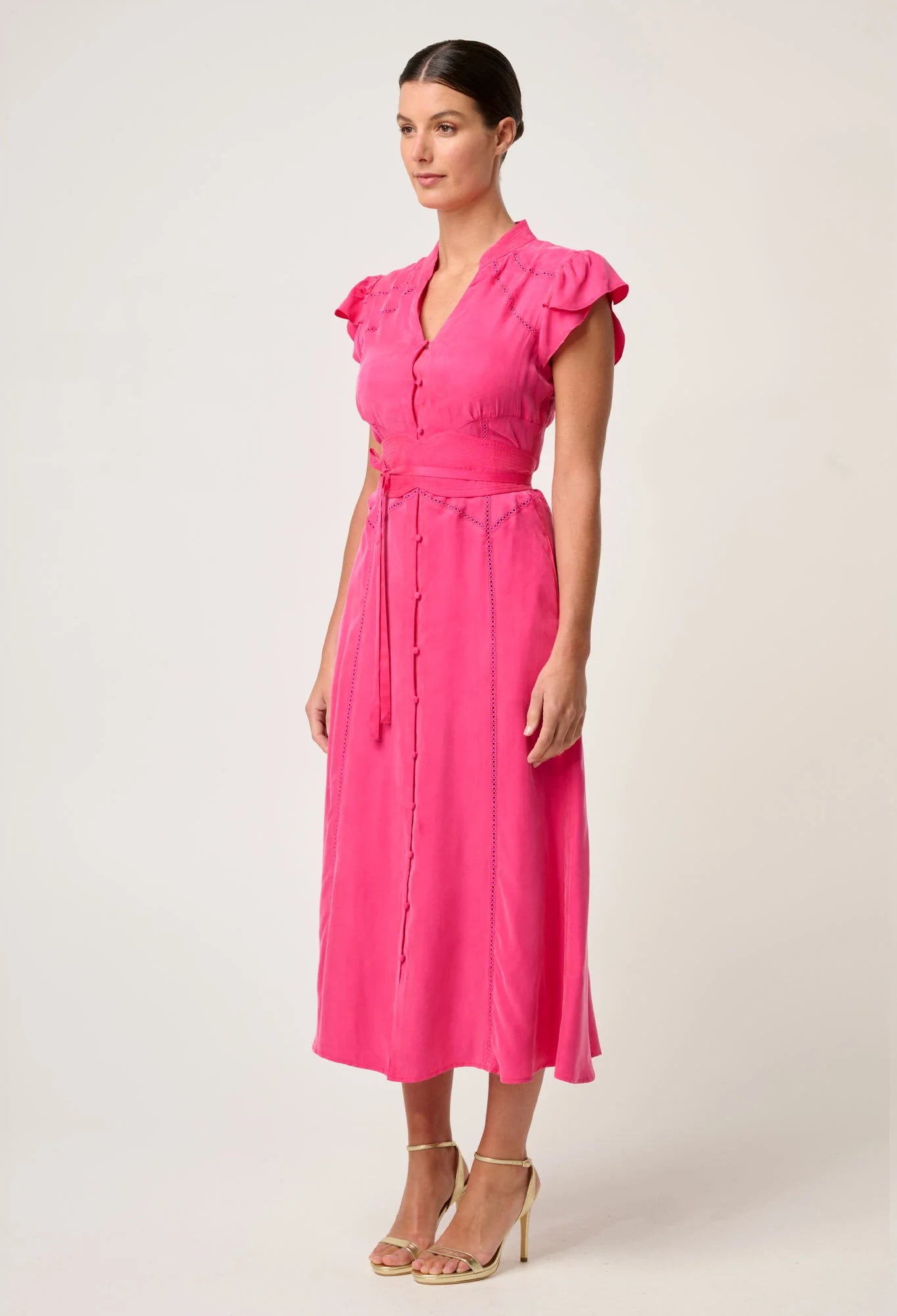 Once Was - Athena Cupro Viscose Flutter Sleeve Dress - Celosia Pink