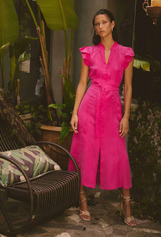Once Was - Athena Cupro Viscose Flutter Sleeve Dress - Celosia Pink
