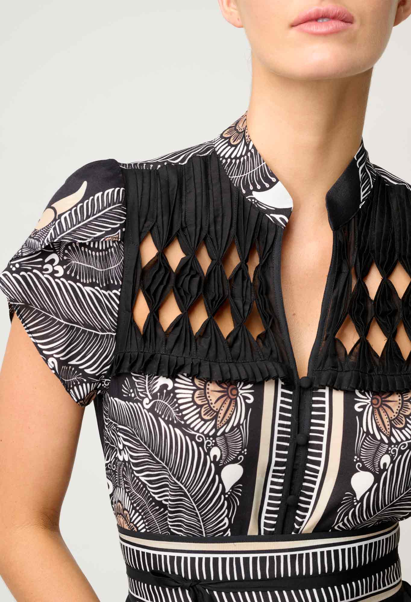 Once Was - Maha Diamond Smock Yoke Viscose Faille Dress - Onyx Casablanca