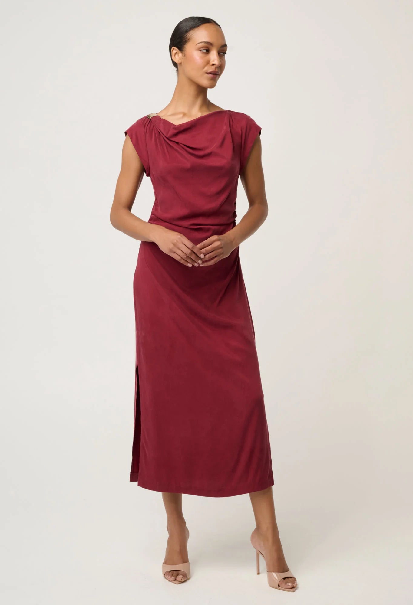 Once Was - Monique Draped Neck Gold Column Dress - Ruby