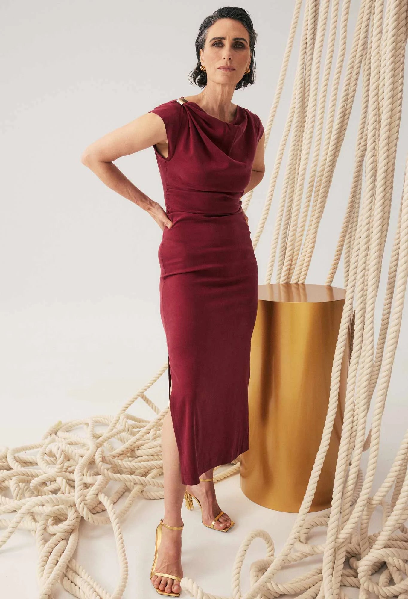 Once Was - Monique Draped Neck Gold Column Dress - Ruby