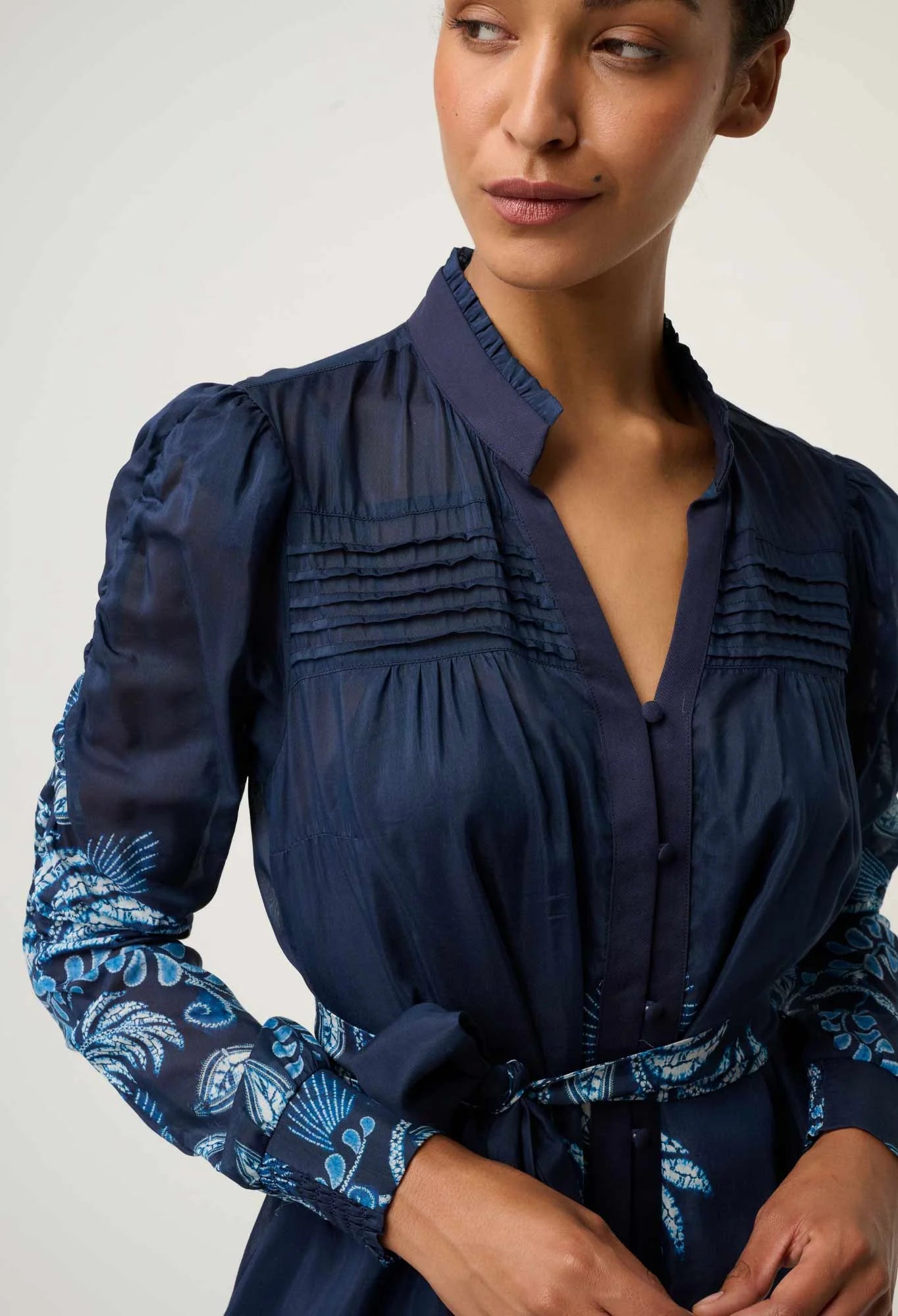 Once Was - Lanae Cotton Silk Print Ruched Sleeve Dress - Moonlit Batik