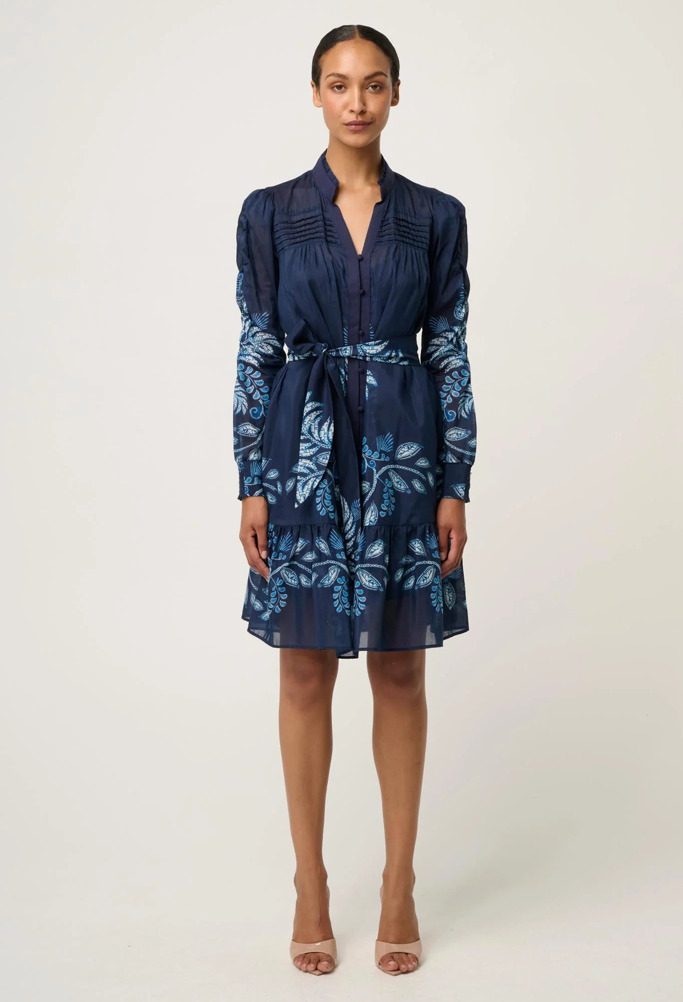 Once Was - Lanae Cotton Silk Print Ruched Sleeve Dress - Moonlit Batik