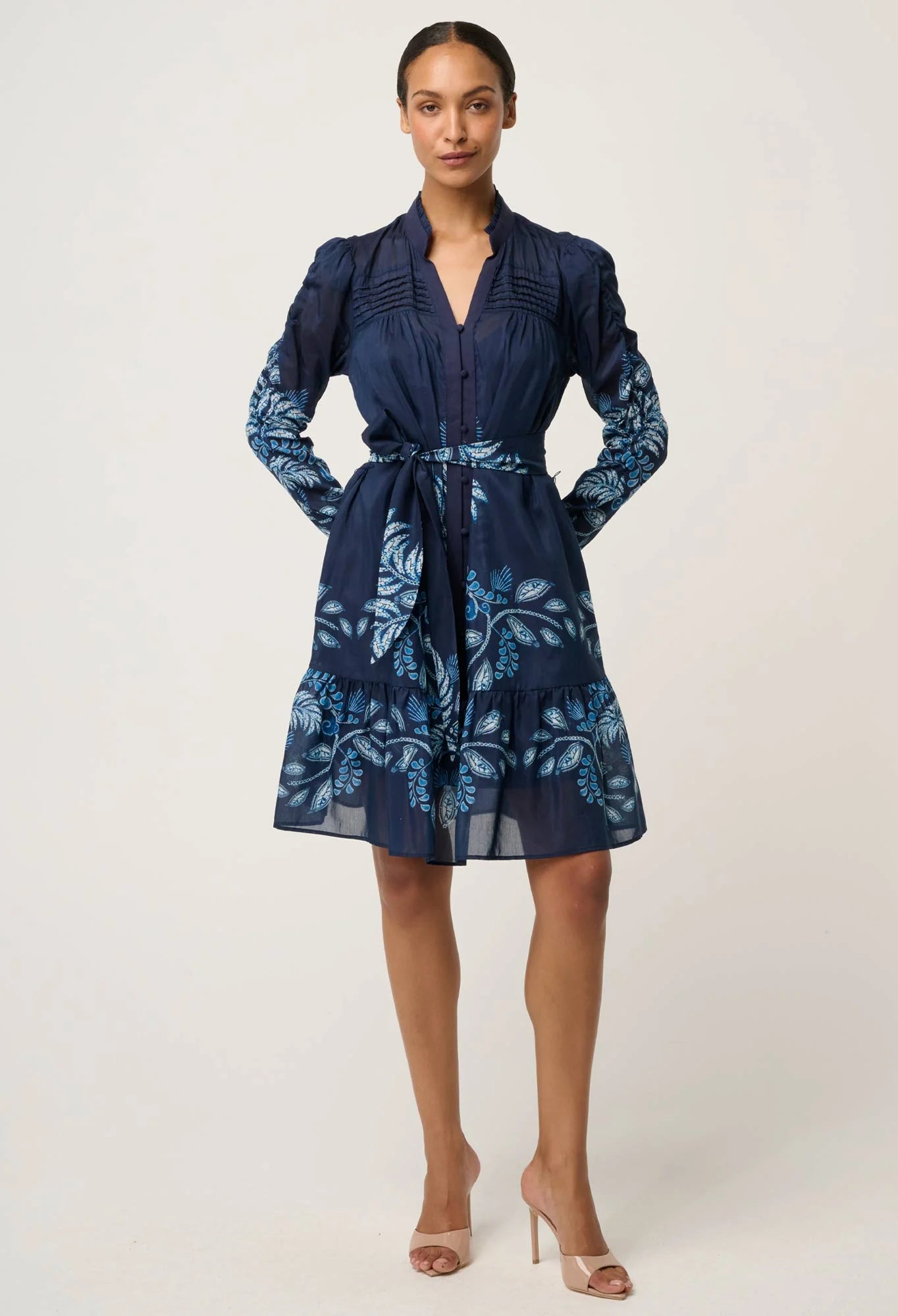 Once Was - Lanae Cotton Silk Print Ruched Sleeve Dress - Moonlit Batik