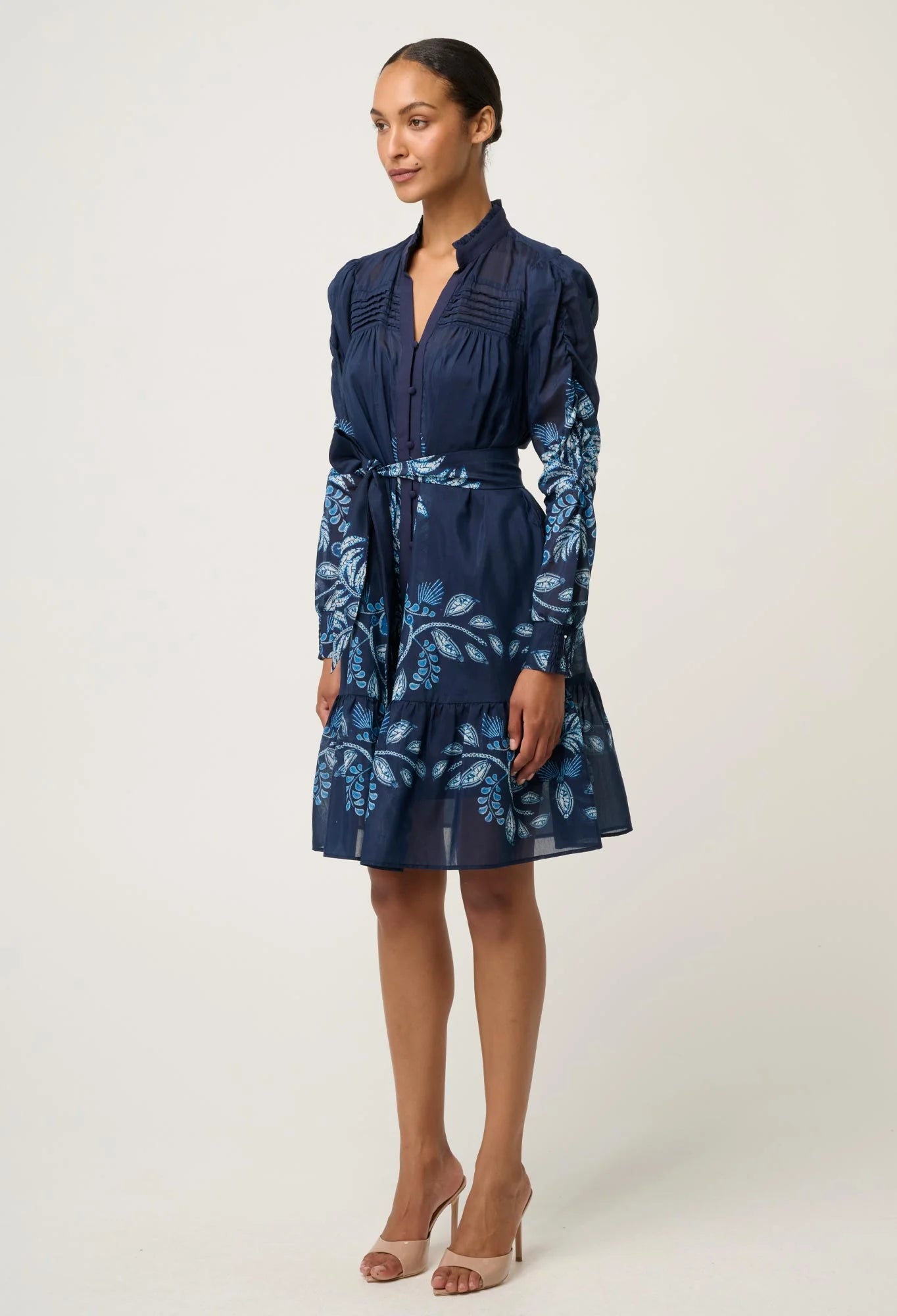 Once Was - Lanae Cotton Silk Print Ruched Sleeve Dress - Moonlit Batik