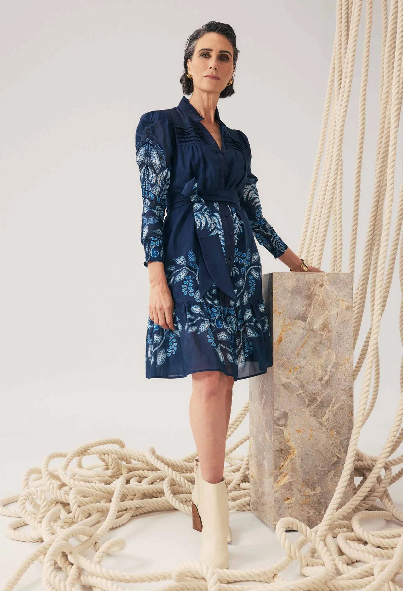 Once Was - Lanae Cotton Silk Print Ruched Sleeve Dress - Moonlit Batik