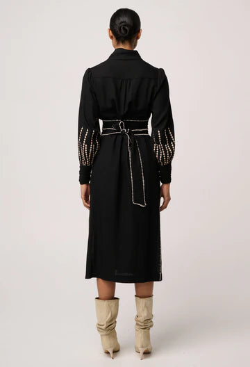 Once Was - Edith Linen Viscose Embroidered Midi Dress - Black