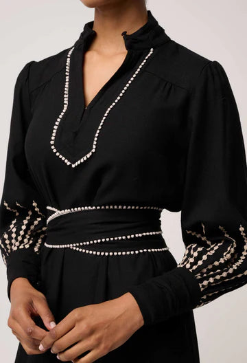Once Was - Edith Linen Viscose Embroidered Midi Dress - Black