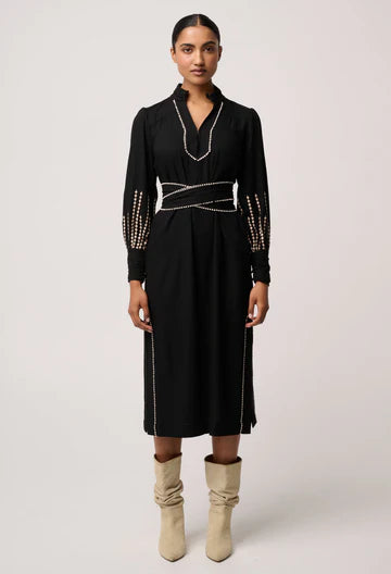 Once Was - Edith Linen Viscose Embroidered Midi Dress - Black