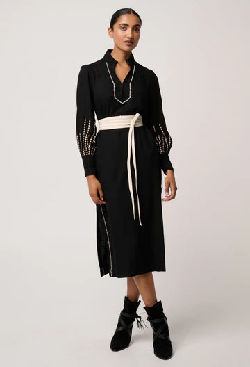 Once Was - Edith Linen Viscose Embroidered Midi Dress - Black