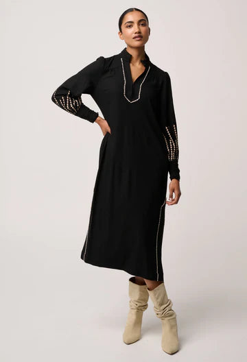 Once Was - Edith Linen Viscose Embroidered Midi Dress - Black