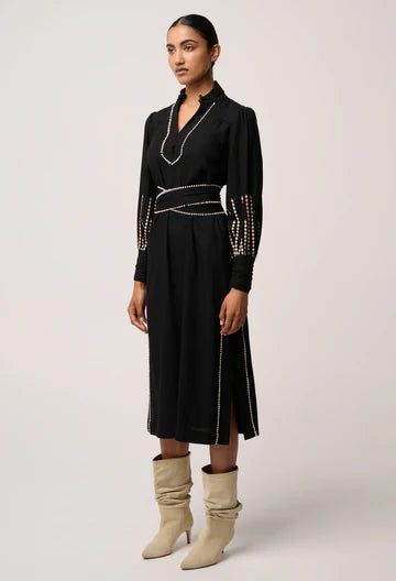 Once Was - Edith Linen Viscose Embroidered Midi Dress - Black
