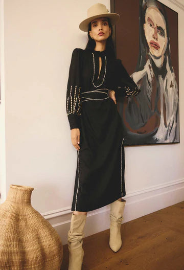 Once Was - Edith Linen Viscose Embroidered Midi Dress - Black