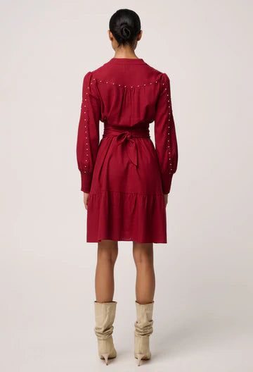 Once Was - Cecilia Pearl Embellished Linen Blend Dress - Ruby