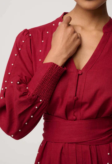 Once Was - Cecilia Pearl Embellished Linen Blend Dress - Ruby