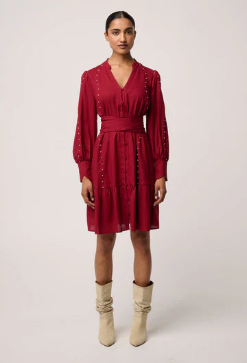 Once Was - Cecilia Pearl Embellished Linen Blend Dress - Ruby