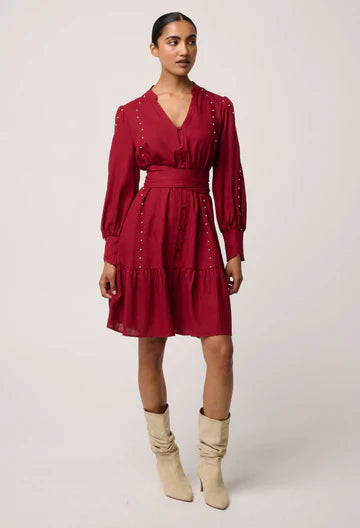 Once Was - Cecilia Pearl Embellished Linen Blend Dress - Ruby