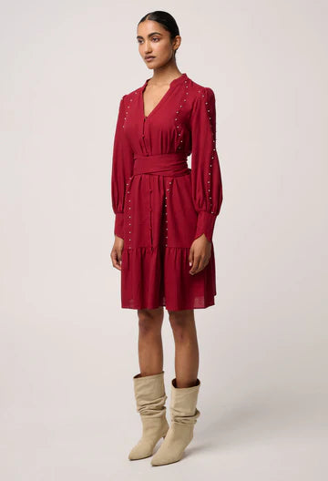 Once Was - Cecilia Pearl Embellished Linen Blend Dress - Ruby