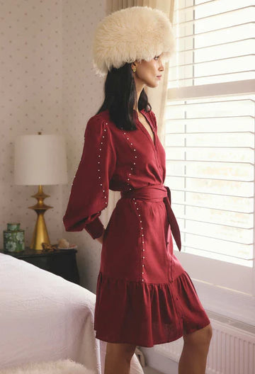 Once Was - Cecilia Pearl Embellished Linen Blend Dress - Ruby