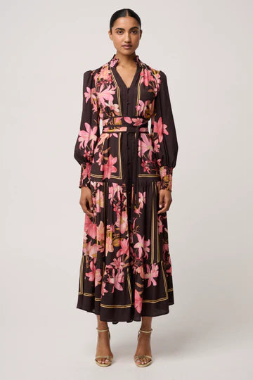 Once Was - Adine Linen Viscose Printed Maxi Dress - Obsidian Bloom