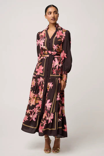 Once Was - Adine Linen Viscose Printed Maxi Dress - Obsidian Bloom