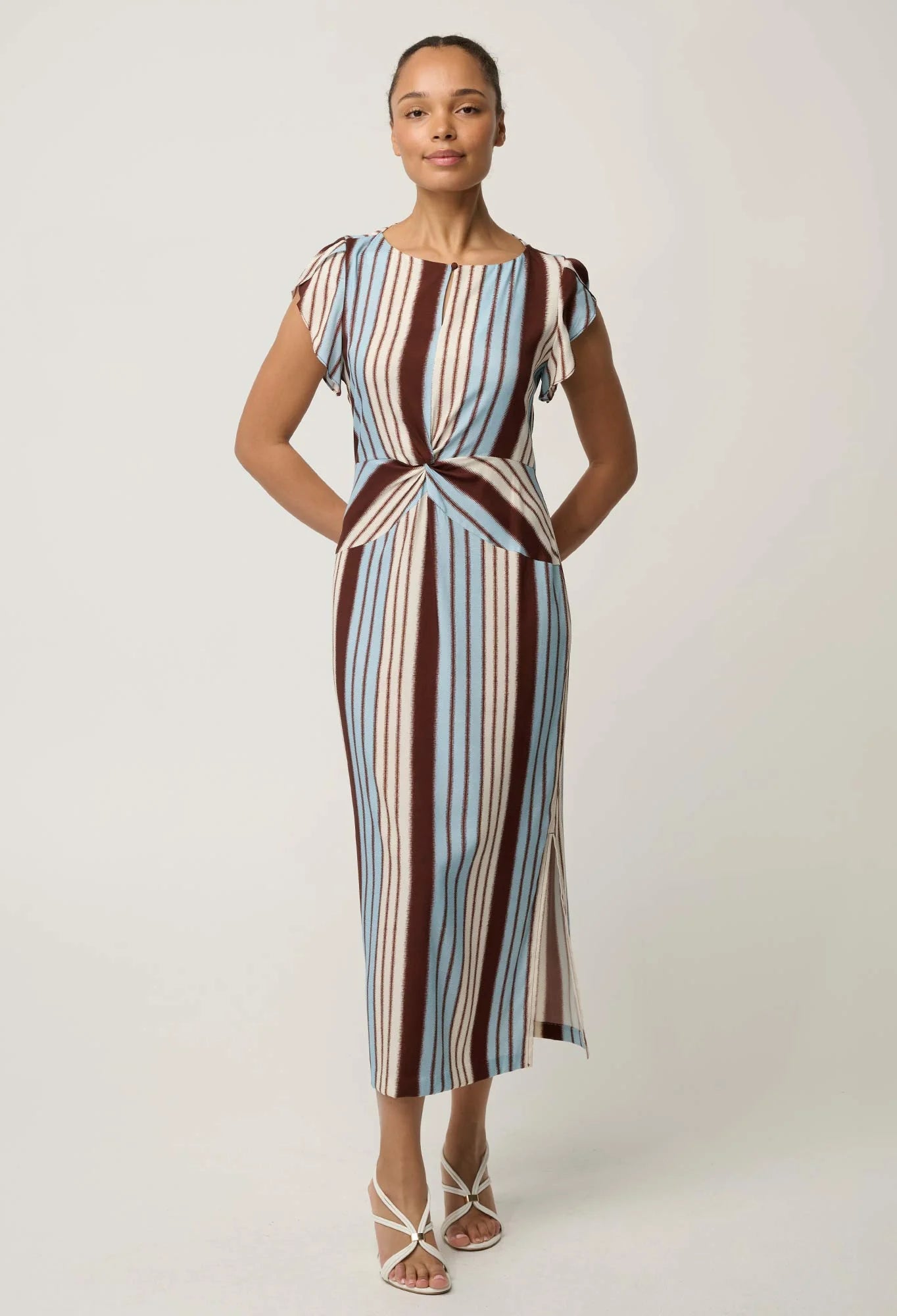 Once Was - Geneva Stretch Cupro Detail Column Midi Dress - Iridescent Stripe