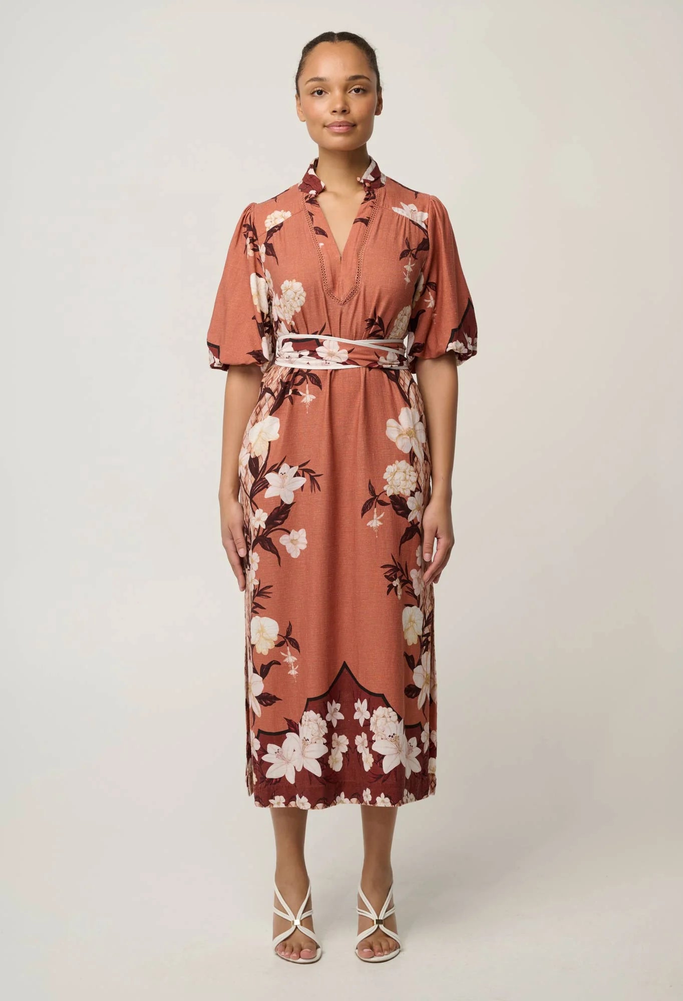 Once Was - Gisela Linen Viscose Printed Column Midi Dress - Amber Vine