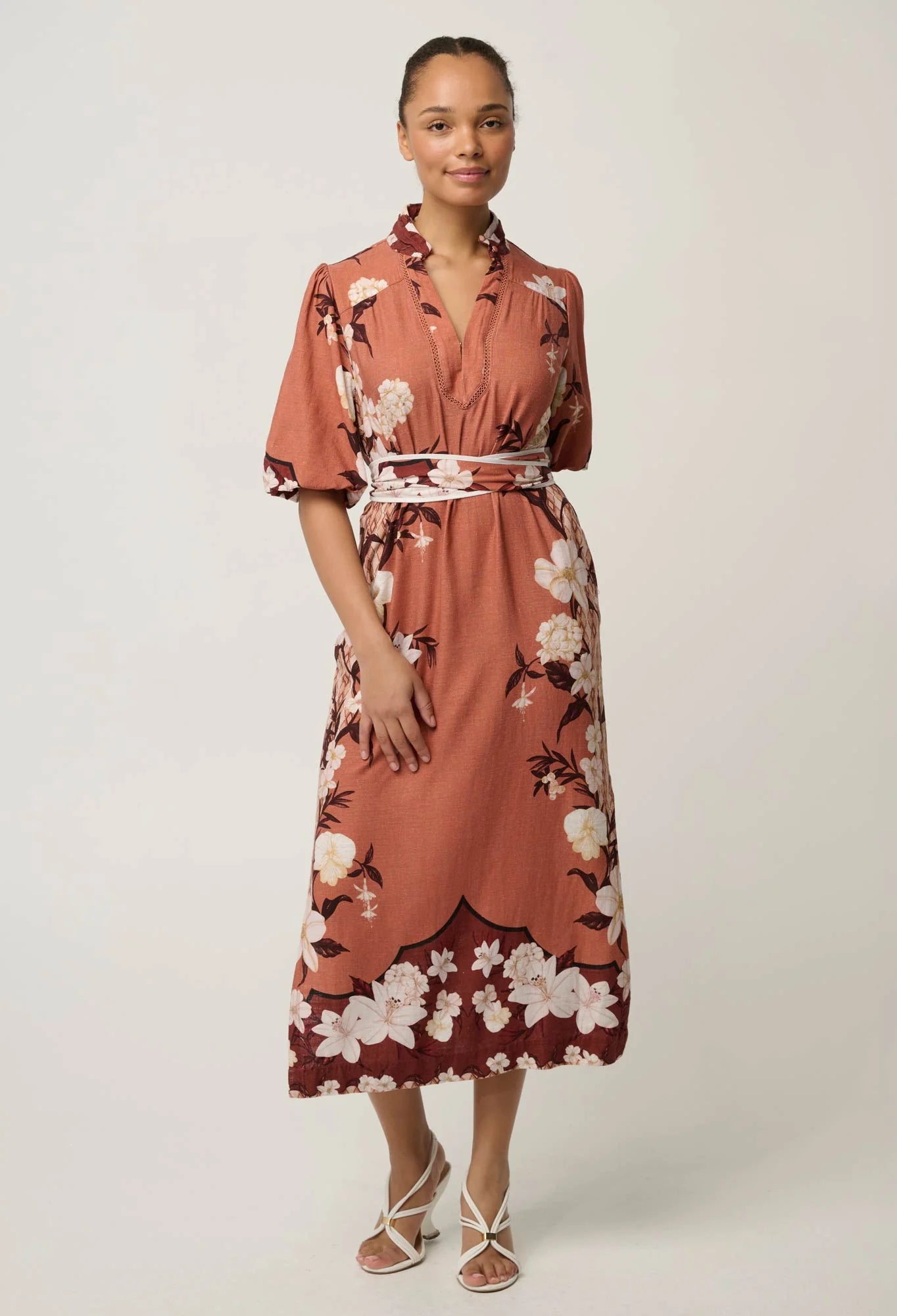 Once Was - Gisela Linen Viscose Printed Column Midi Dress - Amber Vine