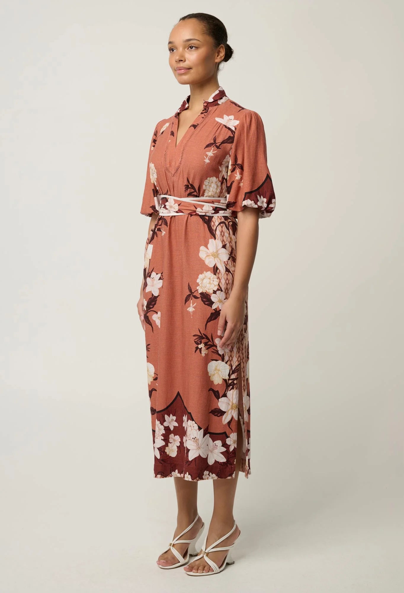 Once Was - Gisela Linen Viscose Printed Column Midi Dress - Amber Vine