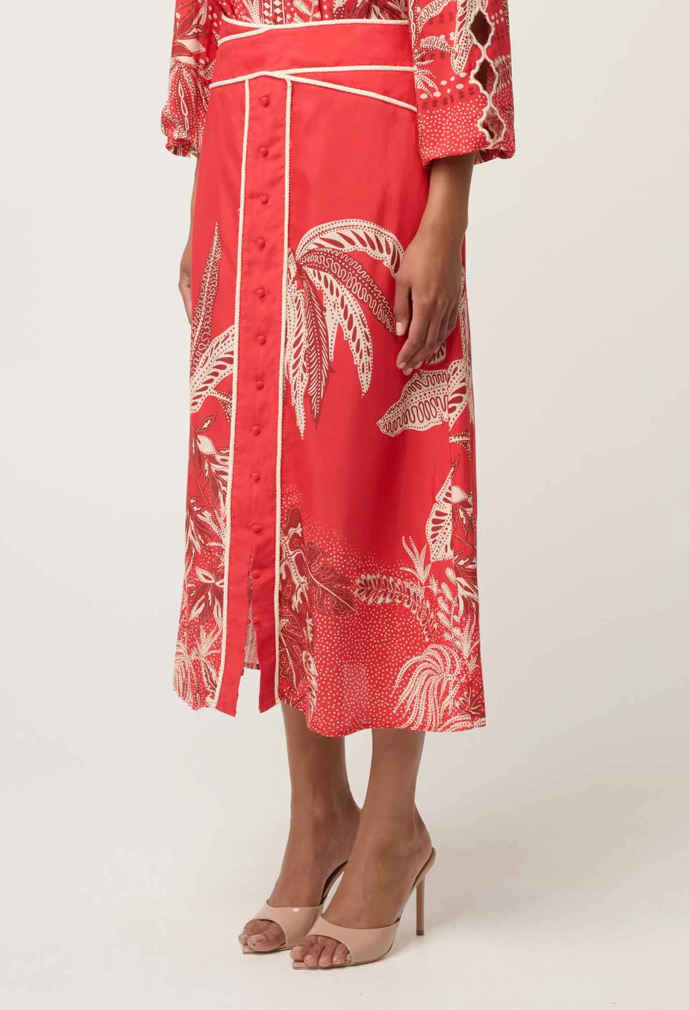 Once Was - Harper Viscose Faille Print Criss Cross Waist Panel Skirt - Crimson Palms