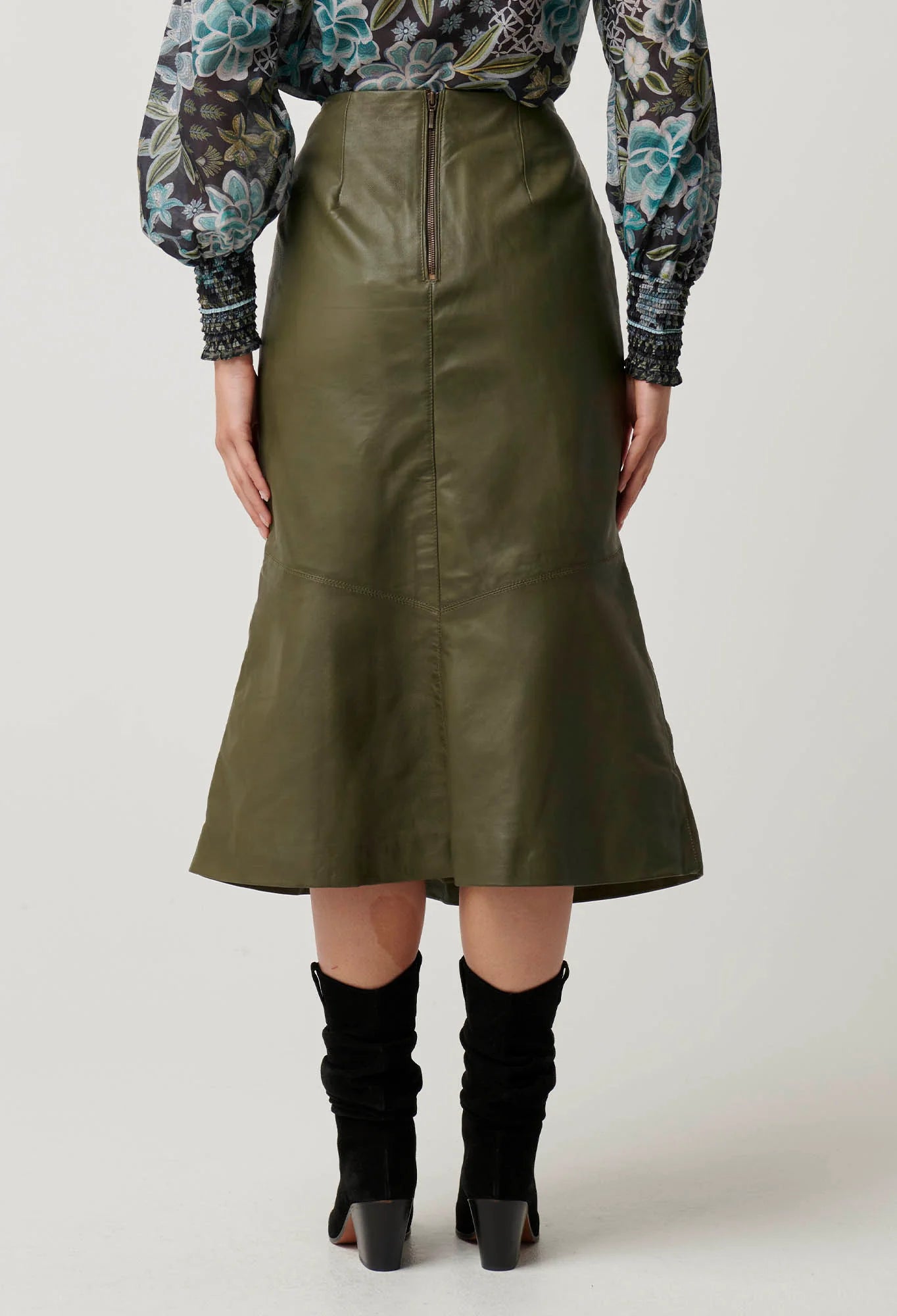 Once Was -  Mabel Leather Cured Tier Skirt -  Moss