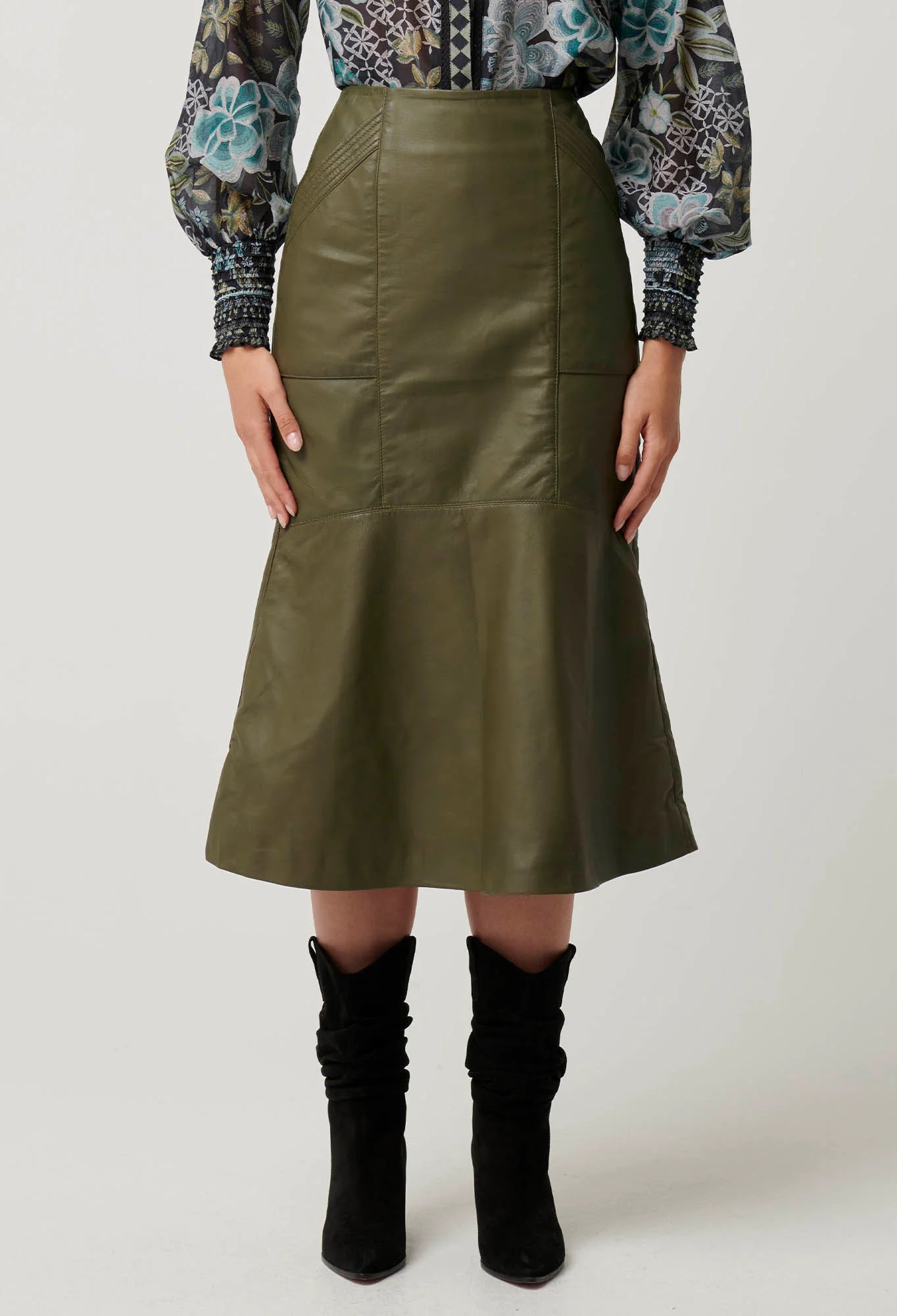 Once Was -  Mabel Leather Cured Tier Skirt -  Moss