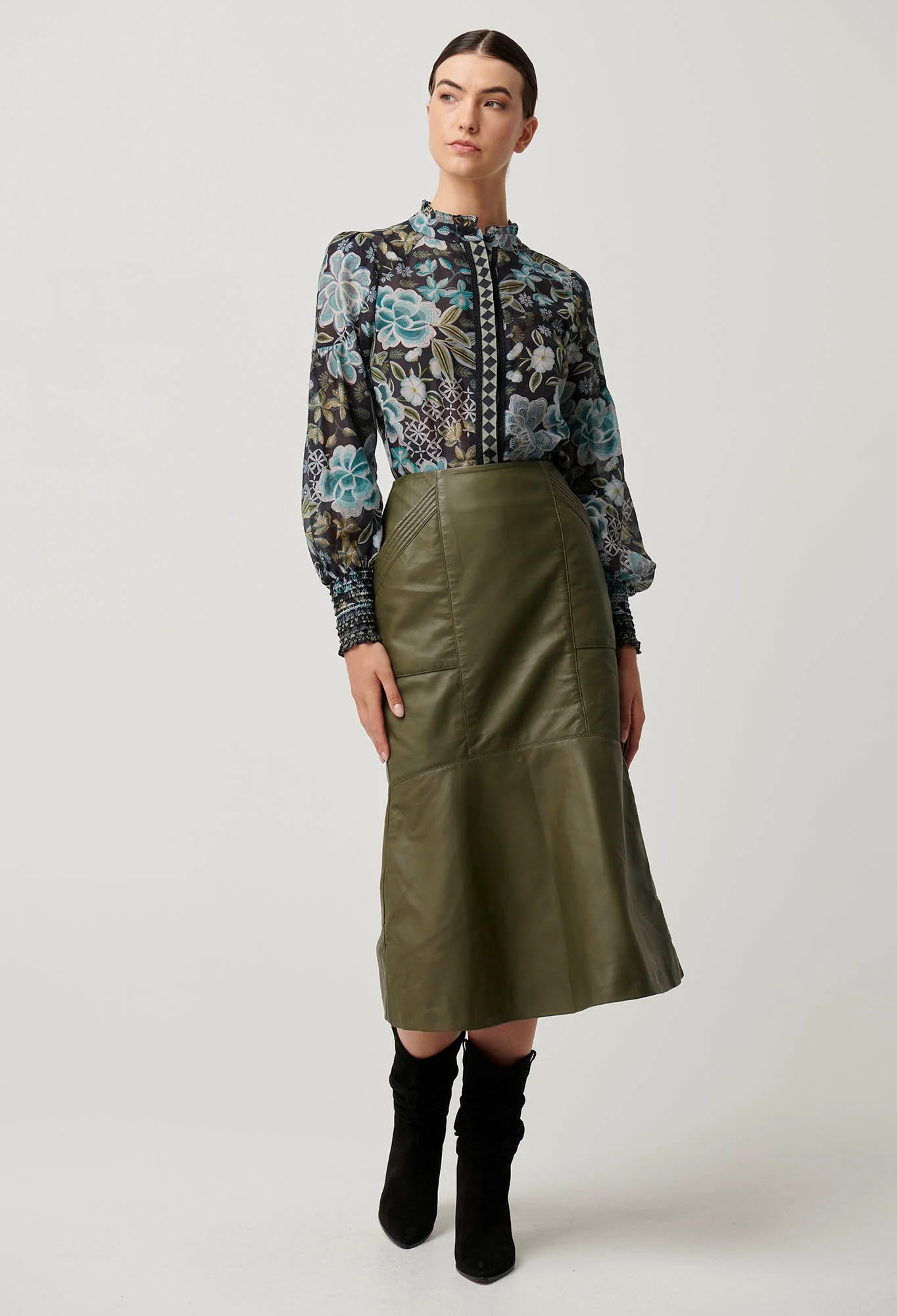 Once Was -  Mabel Leather Cured Tier Skirt -  Moss