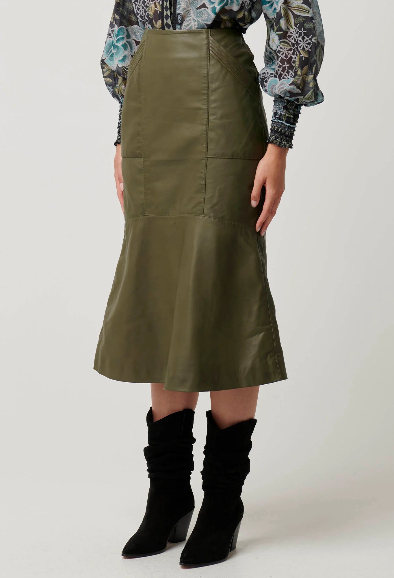 Once Was -  Mabel Leather Cured Tier Skirt -  Moss