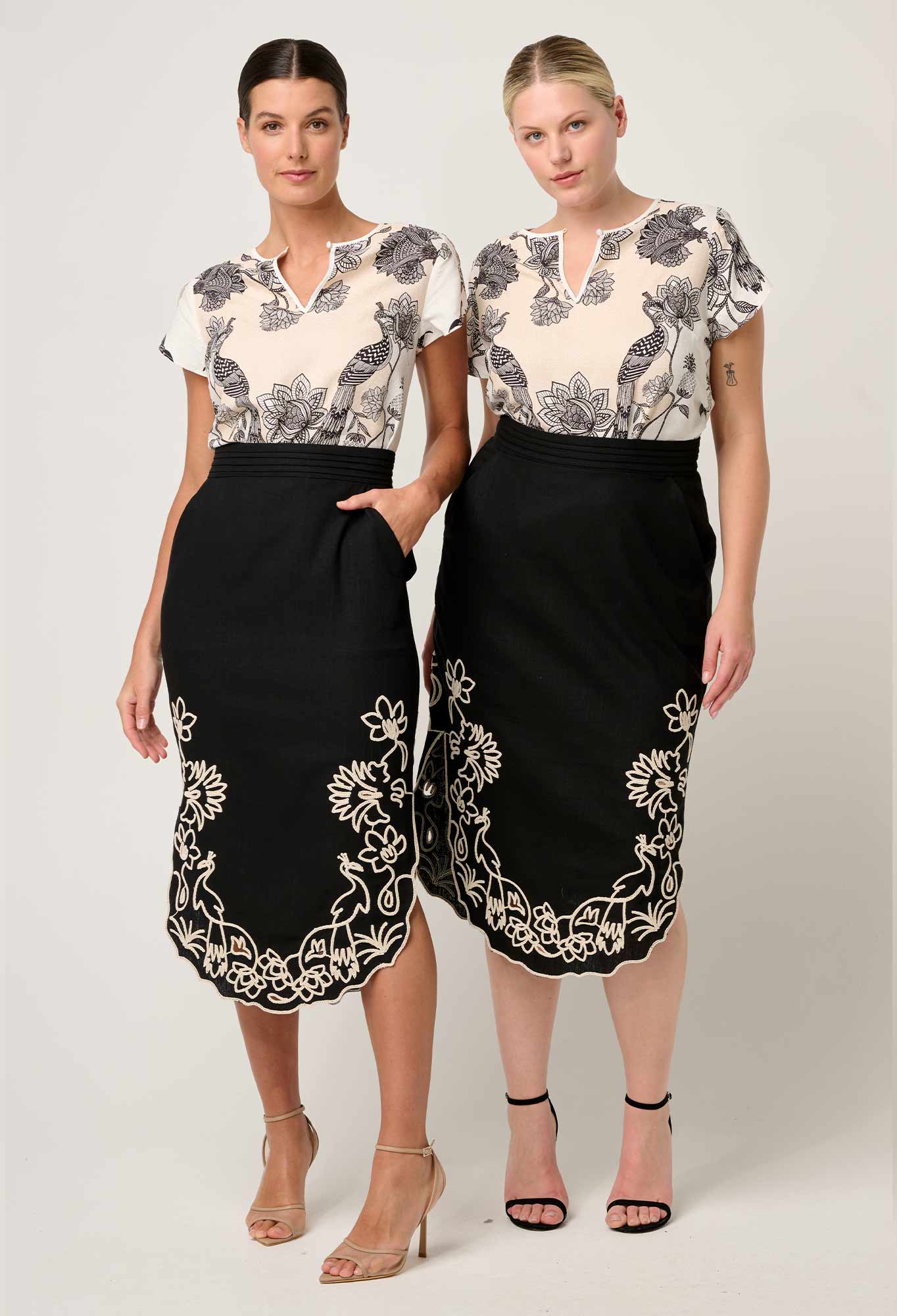 Once Was - Cascadia Embroidered Linen Viscose Midi Skirt - Black