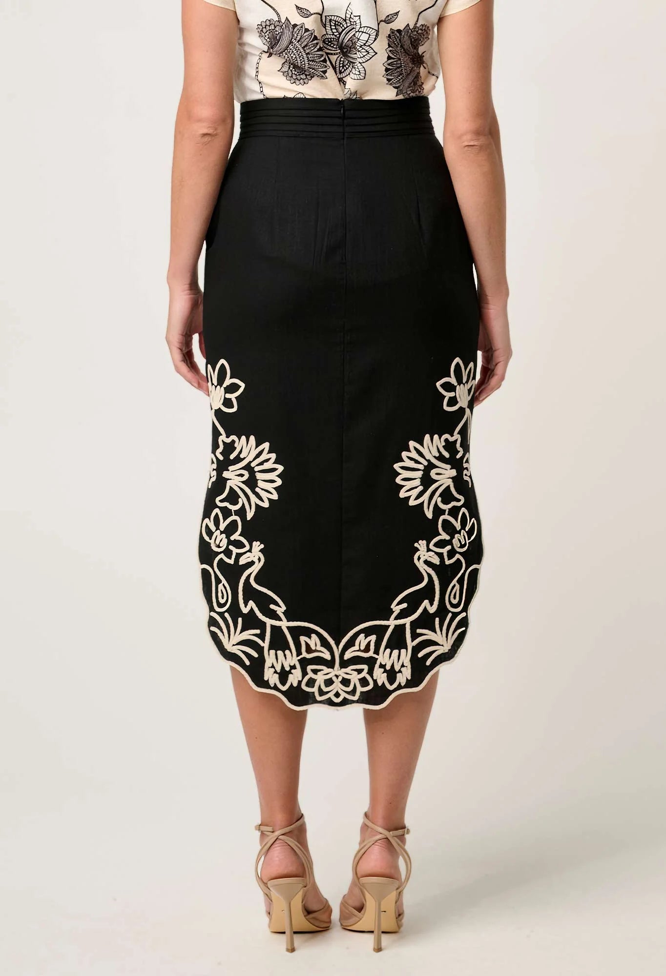 Once Was - Cascadia Embroidered Linen Viscose Midi Skirt - Black