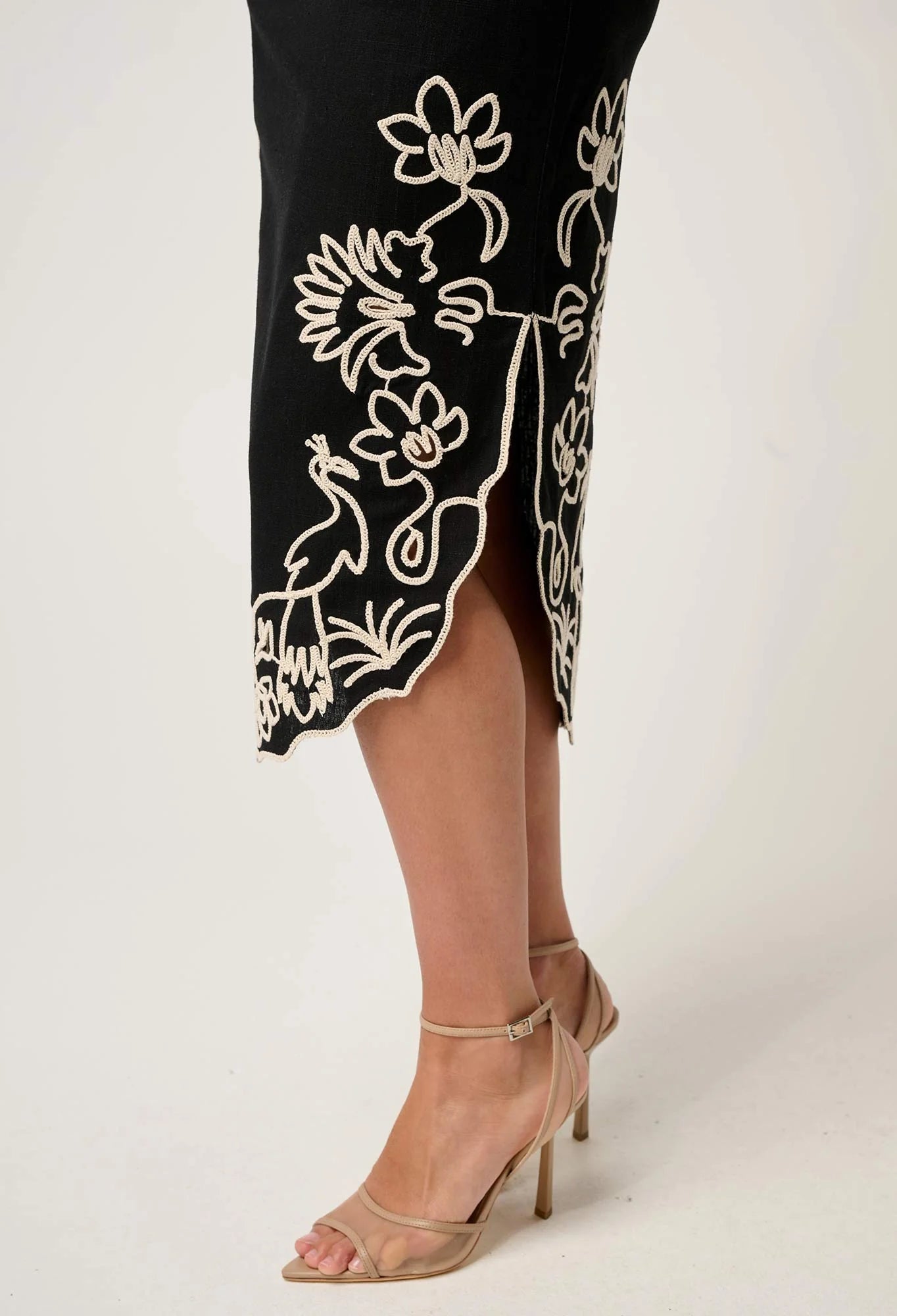 Once Was - Cascadia Embroidered Linen Viscose Midi Skirt - Black